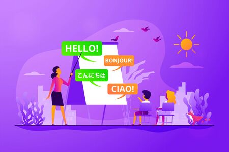 Language courses, classes teacher, native speaker. Kids speaking club. Language learning camp, summer language program, learn foreign languages concept. Vector isolated concept creative illustrationのイラスト素材