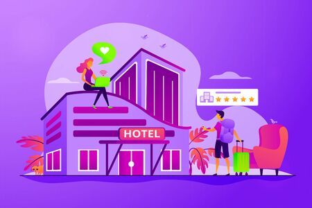 Tourist giving rating stars to hotel. Traveler accommodation. Hospitality industry. Design hotel, modern architecture, unique interior decoration concept. Vector isolated concept creative illustrationのイラスト素材