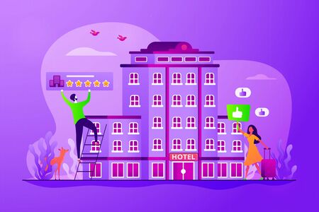 Traveler accommodation, apartment and motel booking. Hostel rating and reviews. Lifestyle hotel, modern hospitality trend, cutting-edge hotel concept. Vector isolated concept creative illustrationのイラスト素材