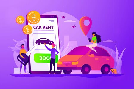 Car rent, automobile leasing. Clients choosing personal transport. Auto dealership. Rental car service, budget car rental, online car booking concept. Vector isolated concept creative illustrationのイラスト素材