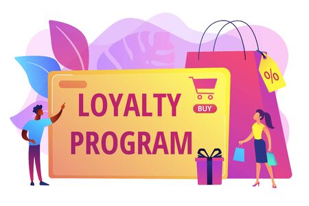 Rewards scheme for customers. Marketing strategy. Clients attraction. Loyalty program, personalized promotion, use your purchase history concept. Bright vibrant violet vector isolated illustration