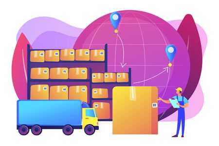 Order worldwide delivery service. Storehouse products storage. Transit warehouse, bonded warehouse, transferring process of goods concept. Bright vibrant violet vector isolated illustrationのイラスト素材