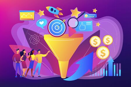 Analysts analyzing market. Selling strategy, lead generation. Marketing funnel, product marketing cycle, advertising system control concept. Bright vibrant violet vector isolated illustrationのイラスト素材