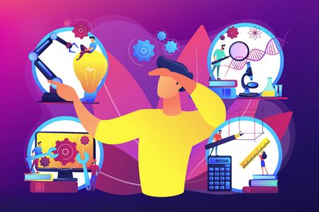 Multidisciplinary teaching method, modern learning system, knowledge gaining. STEM education, STEM integration, engineering for kids concept. Bright vibrant violet vector isolated illustrationのイラスト素材