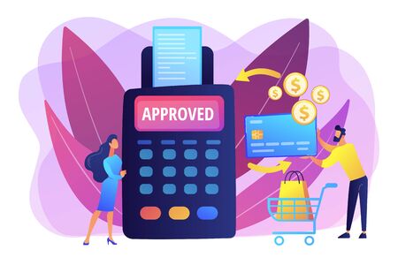Money transfer. Financial services. POS terminal. Online shopping. Payment processing, easy payment systems, digital payment service concept. Bright vibrant violet vector isolated illustrationのイラスト素材