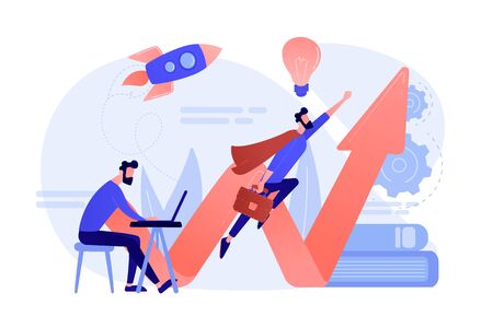 Businessman working and flying like superhero with briefcase. Start up launch, start up venture and entrepreneurship concept on white background. Coral pink palette vector isolated illustrationのイラスト素材