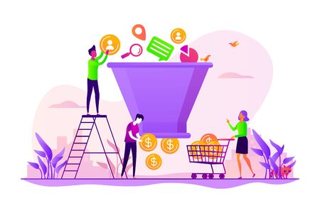 Lead generation, targeted marketing campaign strategy. Sales funnel management, customer journey representation, sales funnel stages concept. Vector isolated concept creative illustrationのイラスト素材