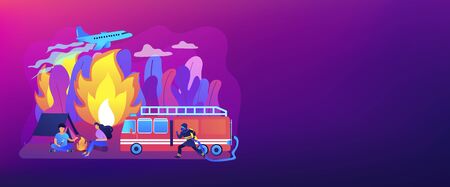 Firefighting emergency service. Fireman with hose character. Prevention of wildfire, forest and grass fire, conflagration safety engineering concept. Header or footer banner template with copy space.のイラスト素材