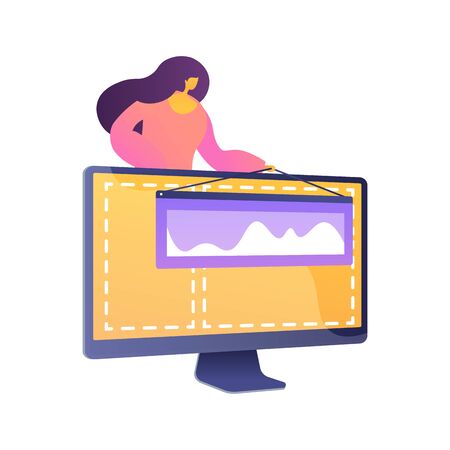 Web design and content creating. Landing page, website, homepage creating design element. Female graphics designer, developer flat character. Vector isolated concept metaphor illustrationのイラスト素材