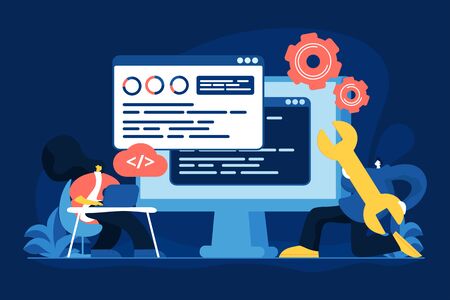 Software configuration flat vector illustration. Financial technology, analytical computer program optimization, IT industry, data analysis concept. System analysts, programmers cartoon charactersのイラスト素材