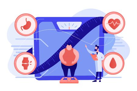 Tiny people, overweight man on scales and doctor showing obesity deseases. Obesity health problem, obesity main causes, overweight treatment concept. Pinkish coral bluevector isolated illustrationのイラスト素材