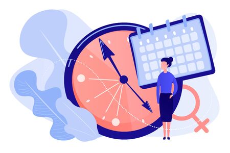 Menopause woman standing at her biological clock measuring age and calendar. Menopause, women climacteric, hormone replacement therapy concept. Pinkish coral bluevector vector isolated illustrationのイラスト素材