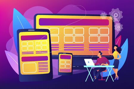 Adaptive mobile app interface, web optimization. Responsive web design, responsive website development, good UX for all screens concept. Bright vibrant violet vector isolated illustrationのイラスト素材