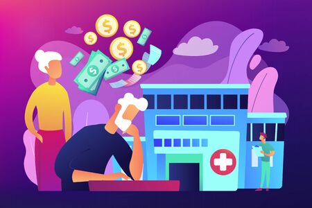 Pensioners social security. Healthcare expenses of retirees, supplemental health insurance plan, the biggest retirement expenses concept. Bright vibrant violet vector isolated illustrationのイラスト素材