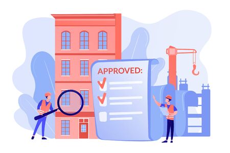 Architectural project approval, safety check. Construction quality control, construction quality management, hire your quality technician abstract concept. Vector metaphor abstract illustration.のイラスト素材