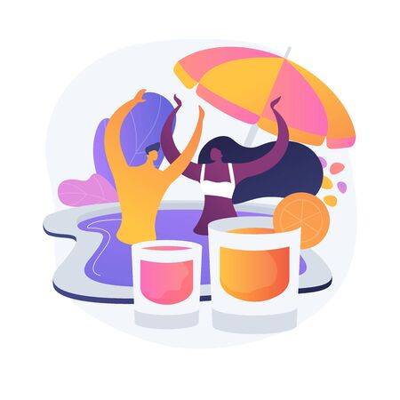 Pool party. Couple of people swimming in pool. Summer beach party with refreshing alcoholic cocktails. Swimwear, entertainment, poolside. Vector isolated concept metaphor illustrationのイラスト素材