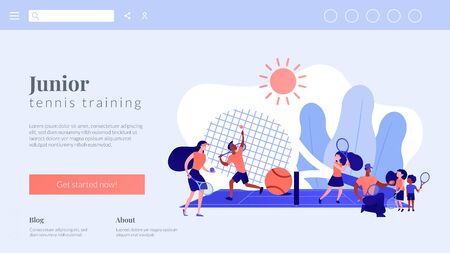 Coaches and kids on the court practicing with rackets in summer camp, tiny people. Tennis camp, tennis academy, junior tennis training concept. Website homepage landing web page template.のイラスト素材