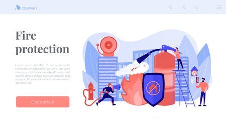 Firefighter extinguishing flame character. Rescuer dangerous job. Fire protection, fire prevention technologies, fire protection services concept. Website homepage landing web page template.の販売画像