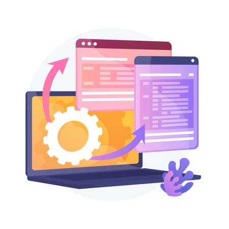 Web Page visualization. Protocol procedure. Dynamic software workflow. Full Stack development, markup, administrate system. Driver for shared memory. Vector isolated concept metaphor illustration.のイラスト素材