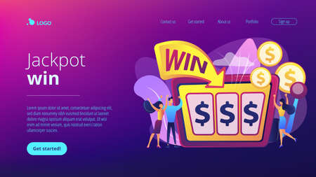 Lucky tiny people gambling and winning money at slot machine with dollar sign. Slot machine, money game winner, jackpot win concept. Website vibrant violet landing web page template.のイラスト素材