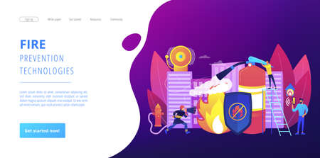 Firefighter extinguishing flame character. Rescuer dangerous job. Fire protection, fire prevention technologies, fire protection services concept. Website homepage landing web page template.の販売画像