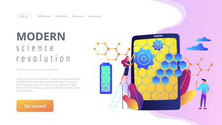 Tiny people scientists with graphene atomic structure for smartphone. Graphene technologies, artificial graphene, modern science revolution concept. Website vibrant violet landing web page template.のイラスト素材