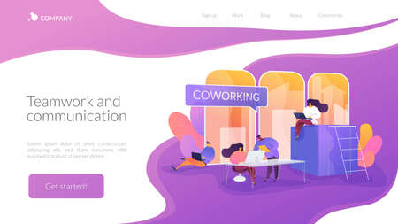 Productive cooperation, work organization, freelance and outsource. Coworking of freelancers, teamwork and communication, independent activity concept. Website homepage header landing web page template.のイラスト素材