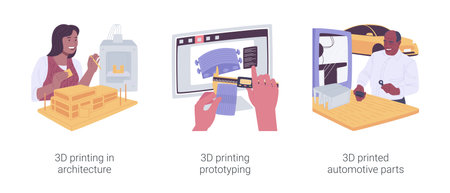 3D printing in business isolated cartoon vector illustrations set.