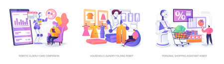 Care, Laundry, and Shopping Robots abstract concept vector illustrations.のイラスト素材