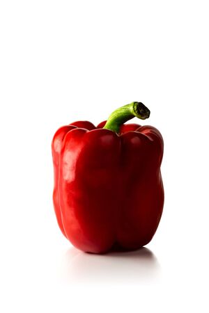 Red bell pepper isolated on a white glossy background; high keyの写真素材