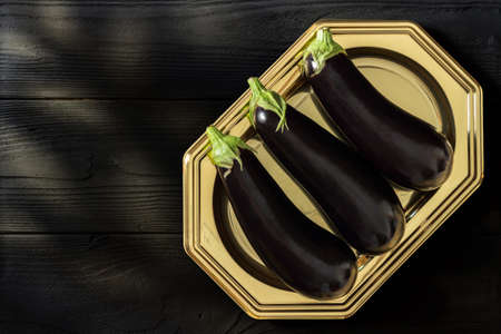 Three dark eggplants on a golden plate on a black wooden background with beautiful sunset lightingの写真素材