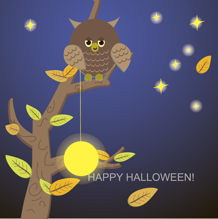 Owl tree with the moon and starsのイラスト素材