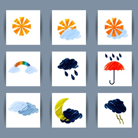 Set of weather icons sun, moon, clouds, lightning, rain, umbrellのイラスト素材