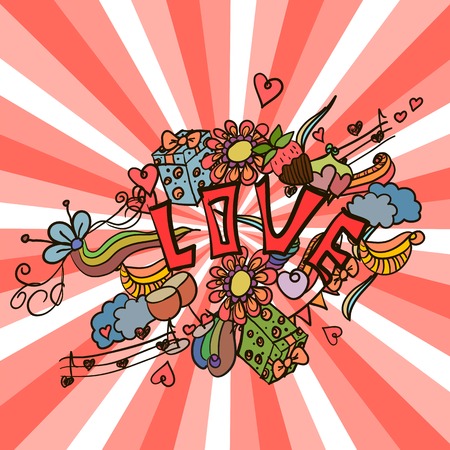Romantic illustration with a set of Valentine's Day. Heart, flower, gift, music, holiday boxesのイラスト素材