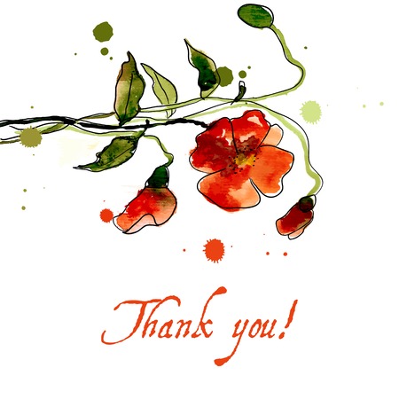 Postcard painted red poppy with leaves lively watercolor paint for your designのイラスト素材