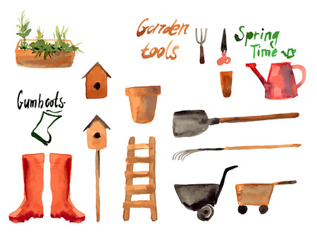A set watercolor of gardening tool icons isolated on white backgroundのイラスト素材