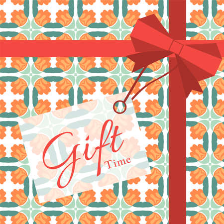 Gift with geometric patterns and flat style ribbon with a bow for your project. Vector illustrationのイラスト素材