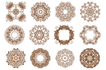 Round mehndi henna patterns drawn doodle set mandalas.Circle lace ornament, ornamental round doily geometric collection. Indian traditional art of body decoration during the holidays.のイラスト素材