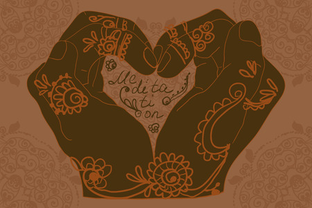Element yoga mudra hands with mehndi patterns. Vector illustration for a yoga studio, tattoo, spas, postcards, souvenirs. Indian traditional lifestyle.のイラスト素材