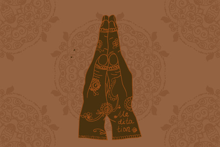 Element yoga mudra hands with mehndi patterns. Vector illustration for a yoga studio, tattoo, spas, postcards, souvenirs. Indian traditional lifestyle.のイラスト素材