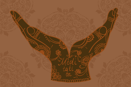 Element yoga mudra hands with mehndi patterns. Vector illustration for a yoga studio, tattoo, spas, postcards, souvenirs. Indian traditional lifestyle.のイラスト素材