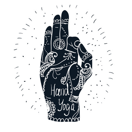 Element yoga mudra hands with mehndi patterns. Vector illustration for a yoga studio, tattoo, spas, postcards, souvenirs. Indian traditional lifestyle.のイラスト素材