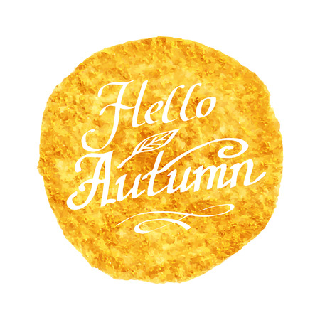 Hello autumn inscription lettering on watercolor gold spot.のイラスト素材