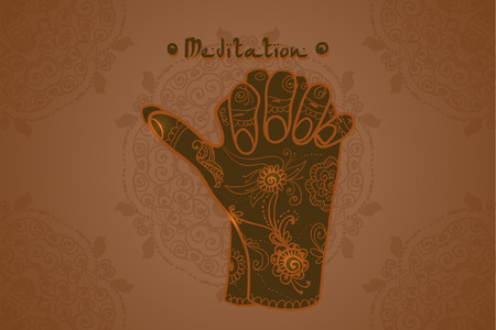 Element yoga Turtle mudra hands with mehendi patterns. illustration for a yoga studio, tattoo, spa, postcards, souvenirs.のイラスト素材