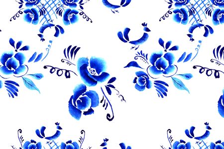 Abstract  floral background, pattern with folk art flowers, blue white gzhel ornament. Can be used for banner, card, poster, invitation, label, menu, page decoration or web designの写真素材