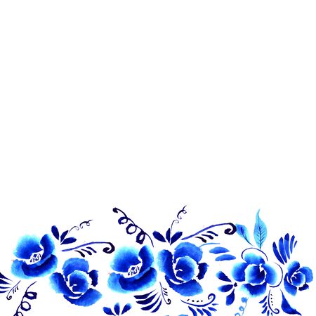 Abstract  floral background, pattern with folk art flowers, blue white gzhel ornament. Can be used for banner, card, poster, invitation, label, menu, page decoration or web designの写真素材