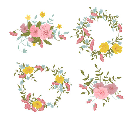 Abstract floral composition with large and small pink, blue and yellow colors for your projectのイラスト素材