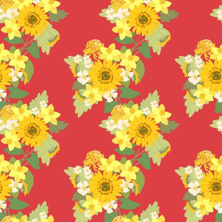 Floral sunflower, narcissus, strawberry flowers retro vintage background, vector illustrationのイラスト素材