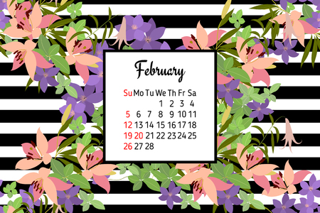 Vector greeting card with pink lily and violet arabis flower arrangement for your celebration. Calendar February 2017のイラスト素材