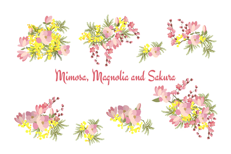 Floral background vector illustration. Sprig of mimosa, flowers and leaves of sakura, cherry and magnolia, spring background, floral greeting cardのイラスト素材